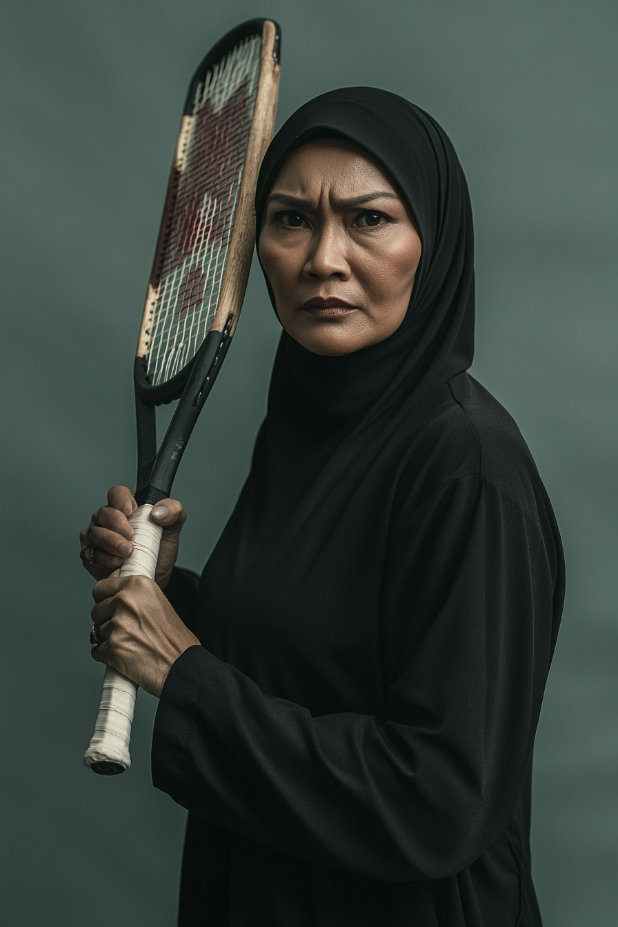 A serious woman holding a table tennis racket confidently.