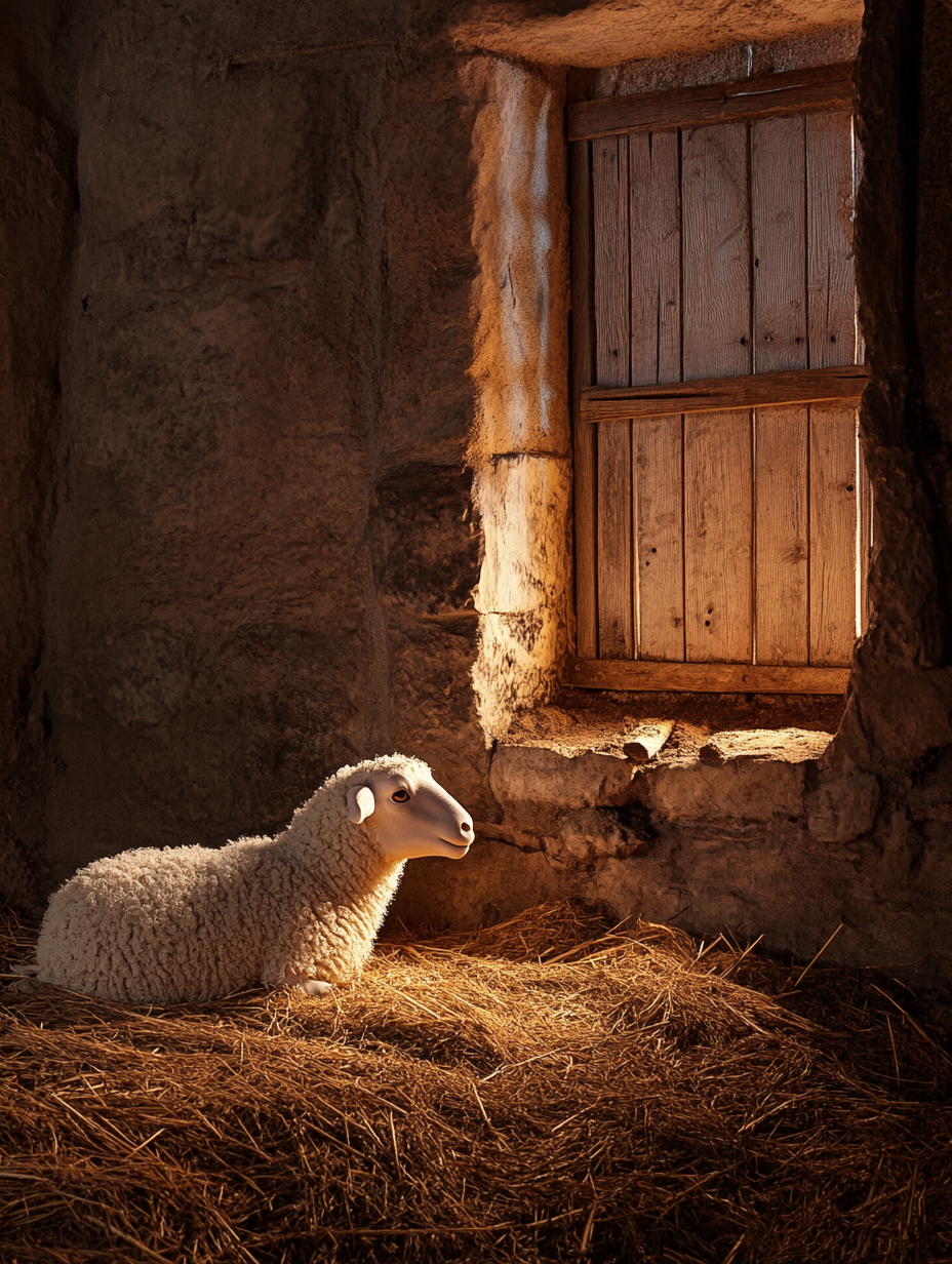 A sheep eating straw in rustic stable at night