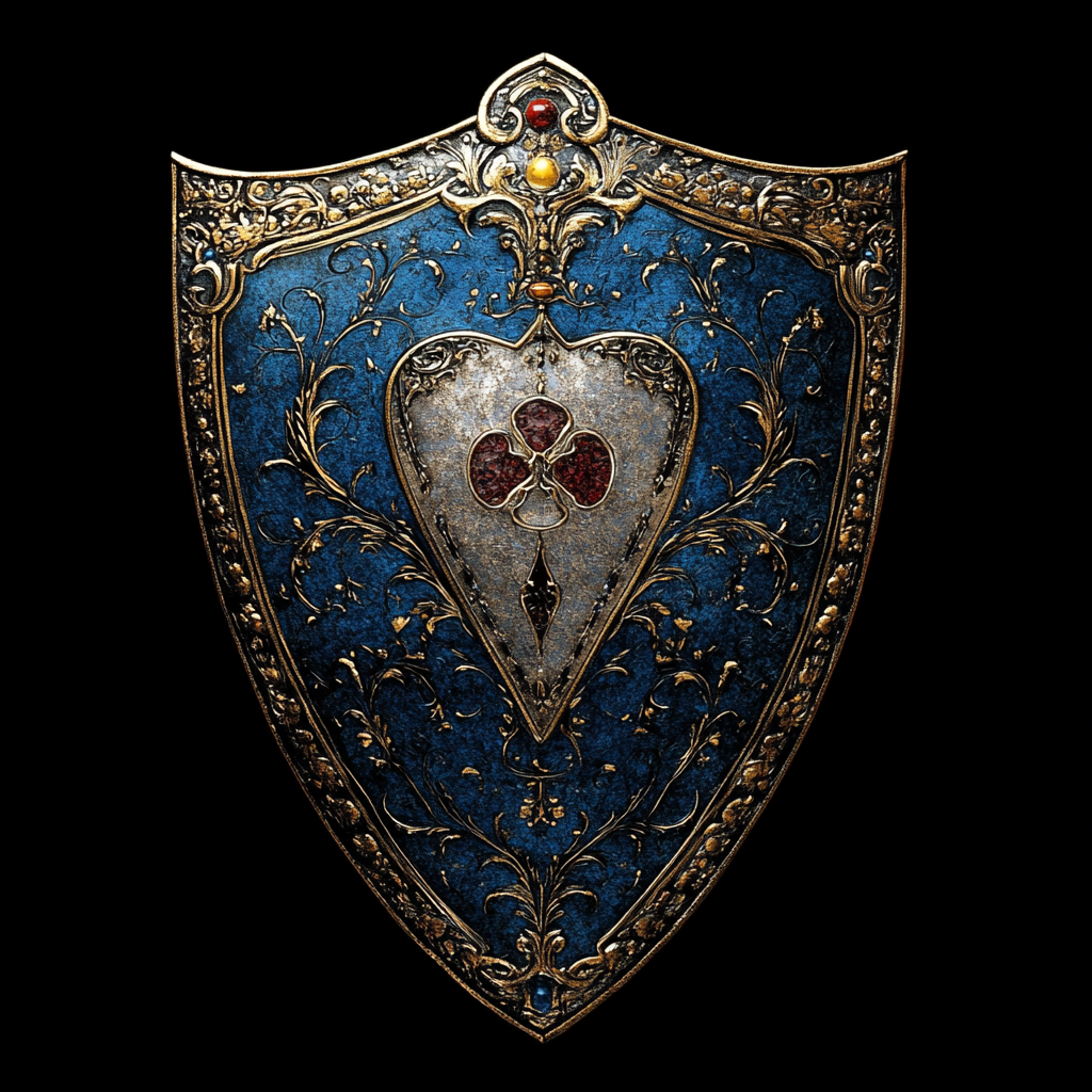 A shield with blue, white, red, and gold symbols.