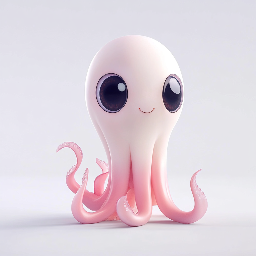 A shiny, cute squid in 3D on white