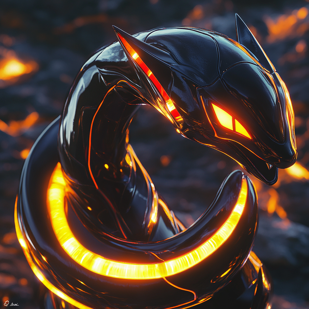 A shiny, sleek Rayquaza in sunset light, glowing brightly.