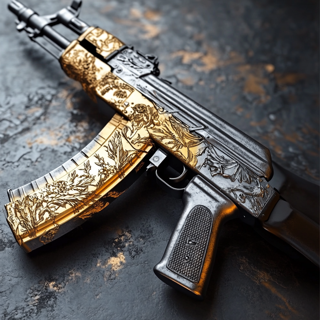 A shiny AK-47 in silver, gold, copper camouflage