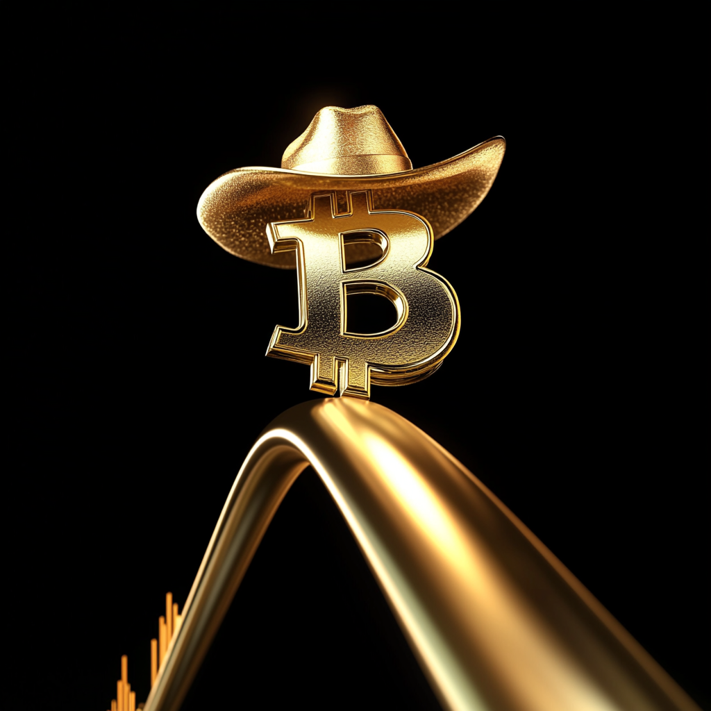 A shiny Bitcoin cowboy riding upward trend chart