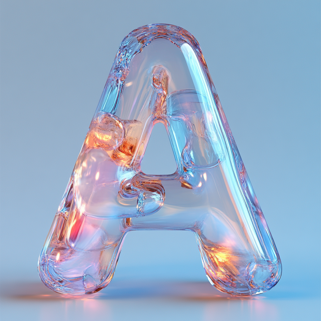 A shiny letter A in 3D glass.