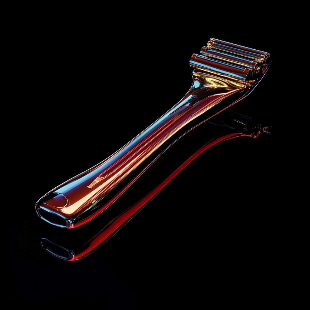 A shiny razor on a black background.