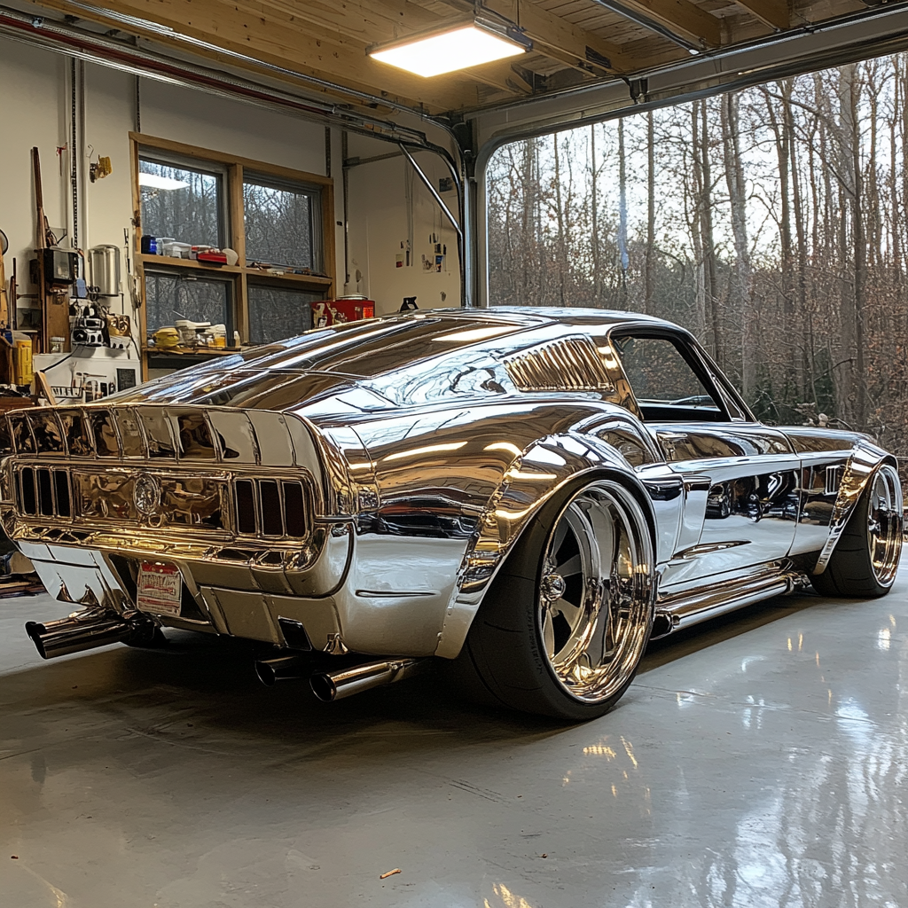 A shiny silver car in a garage.