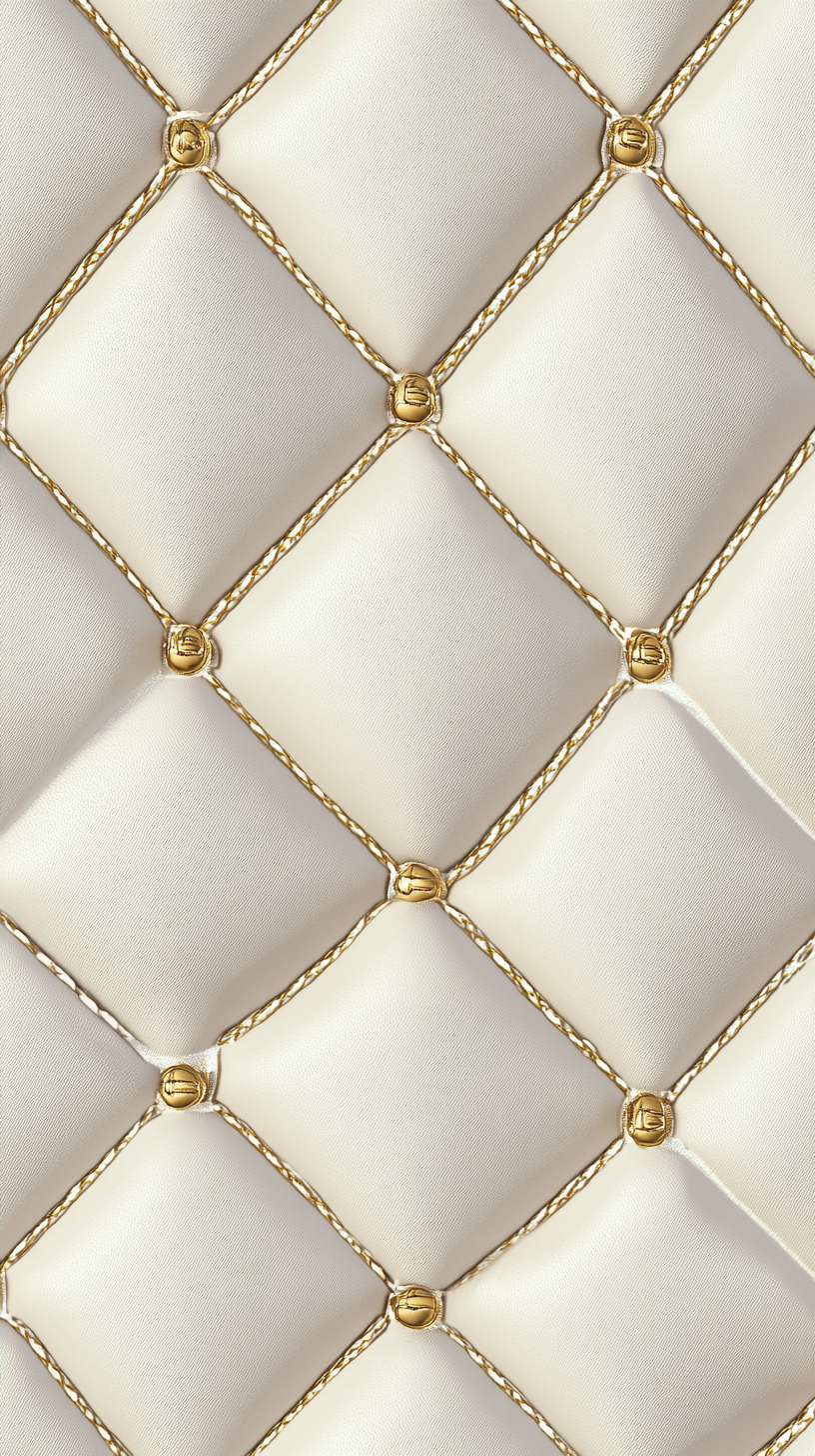 A shiny white leather pattern with golden stitches