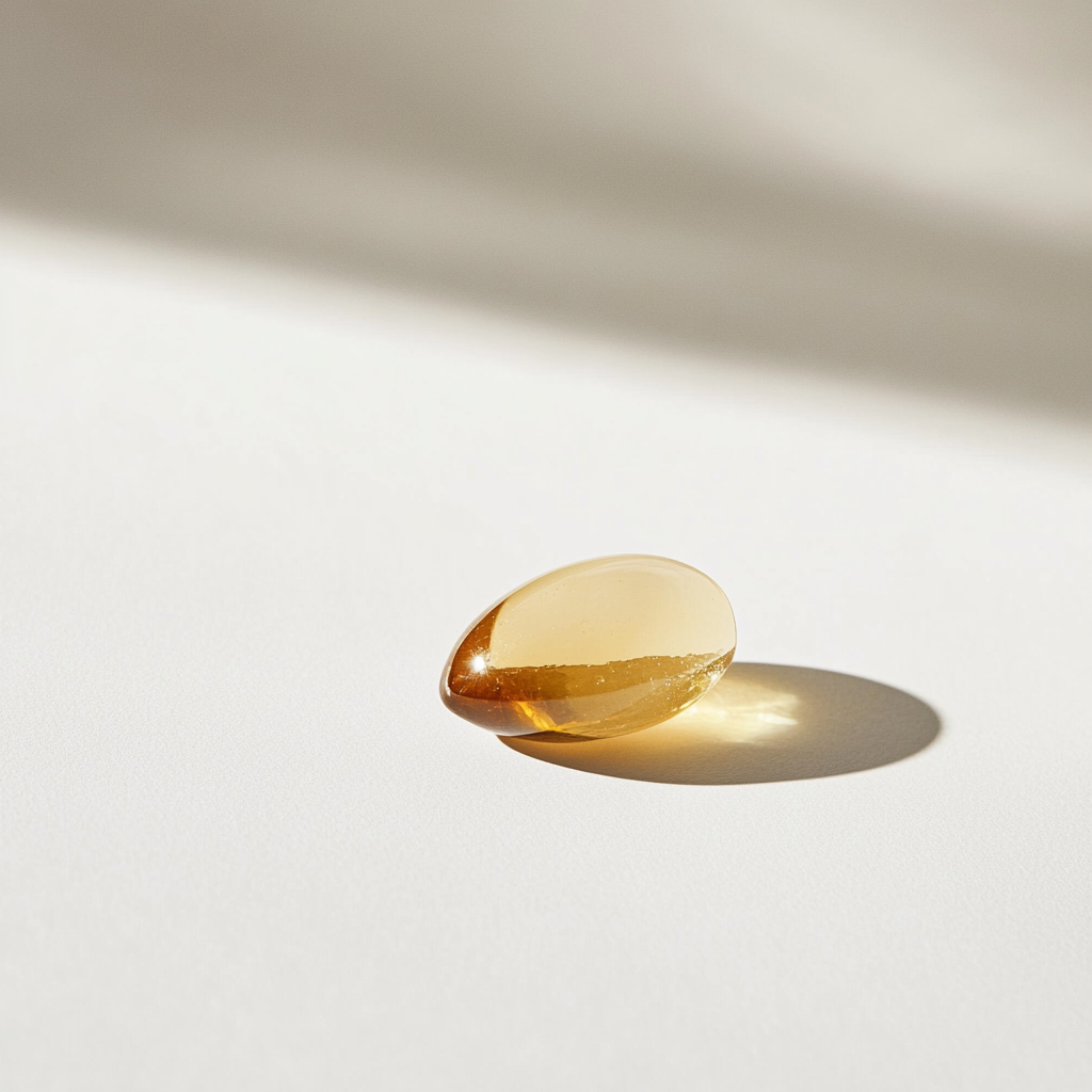 A shiny yellow gem on a white surface.