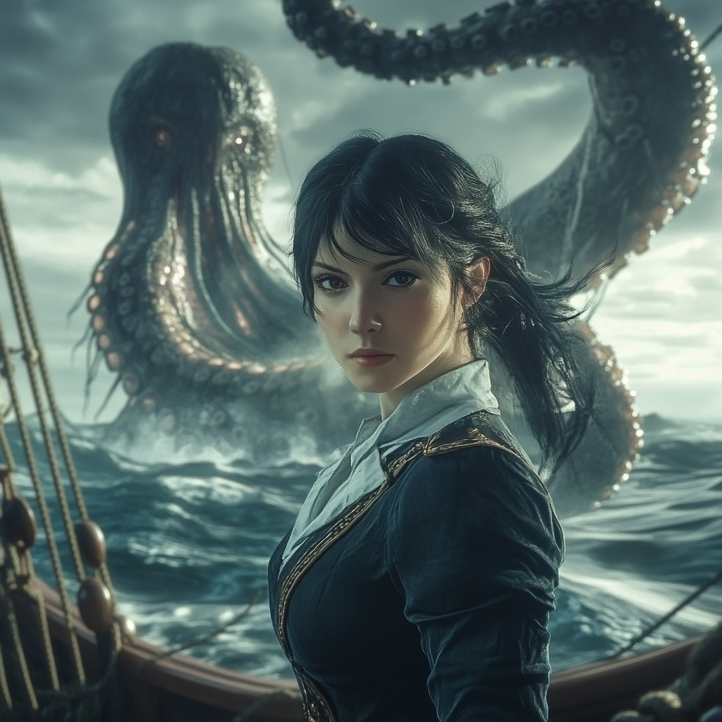 A short white woman captain on ship with tentacle.