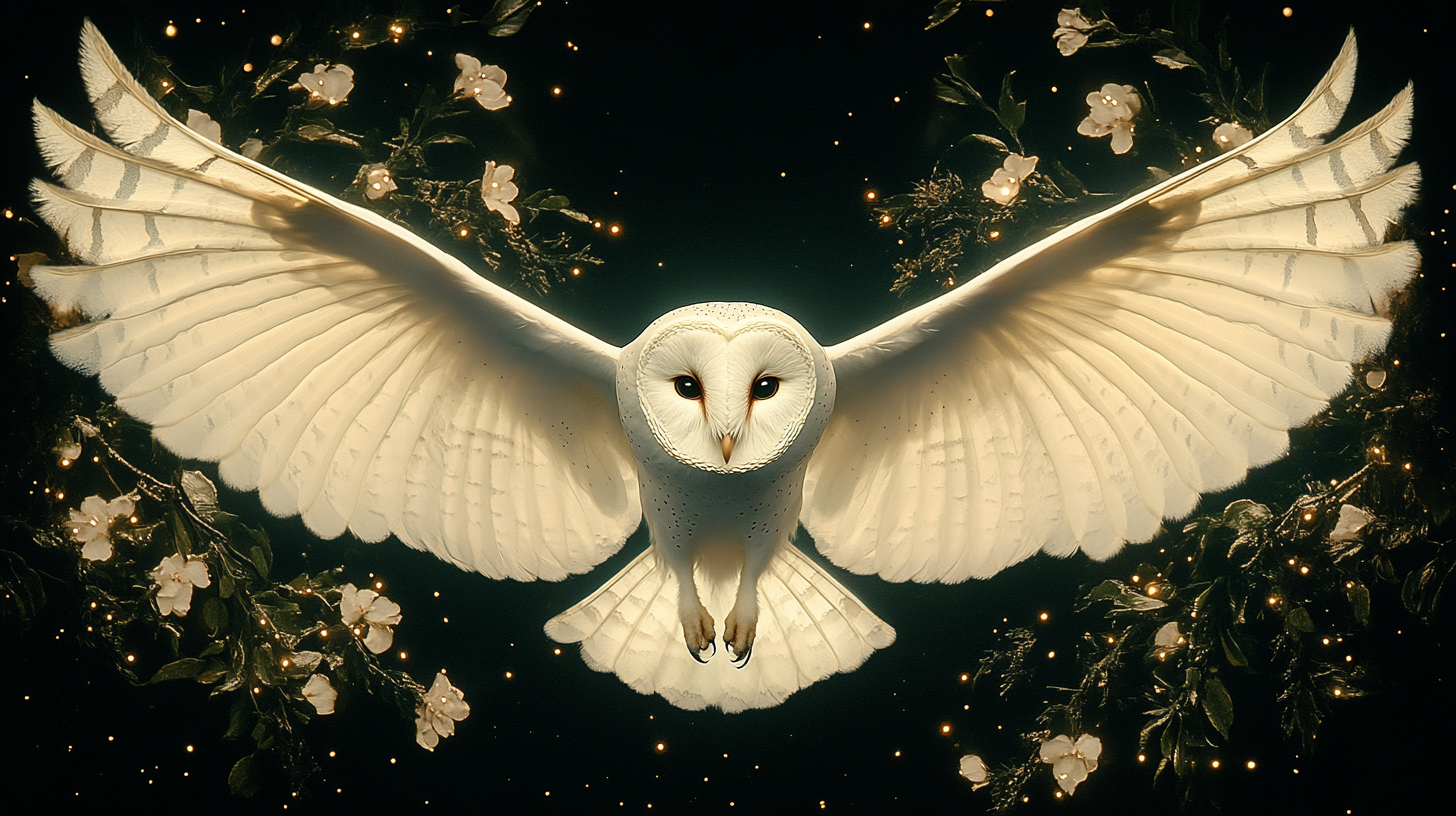 A silent flying barn owl in a dark forest