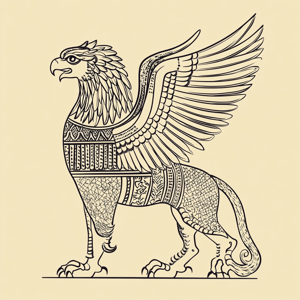 A simplified, modern 2D griffin with Persian details.