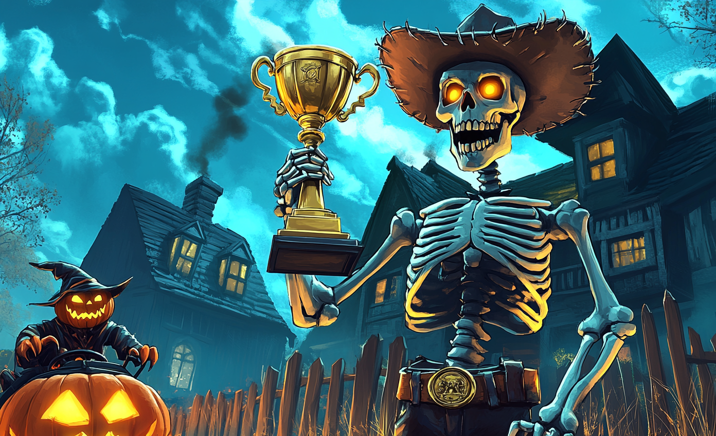 A skeleton cowboy wins trophy at haunted house