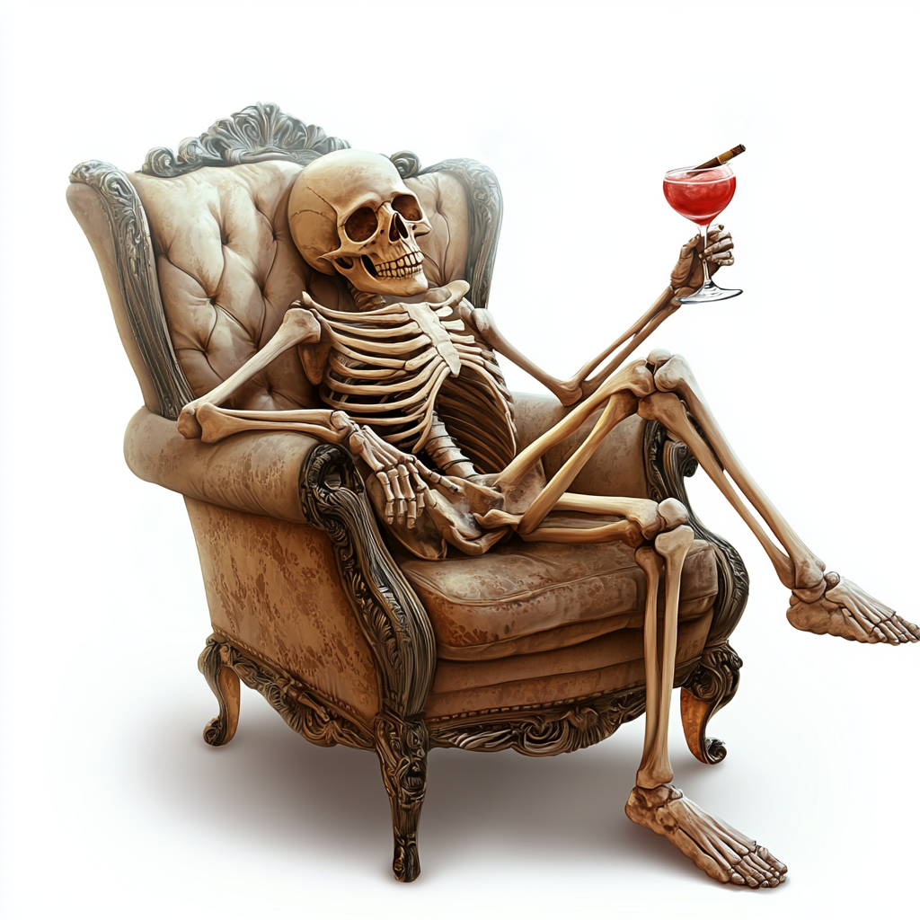 A skeleton in chair with red cocktail, cigar.