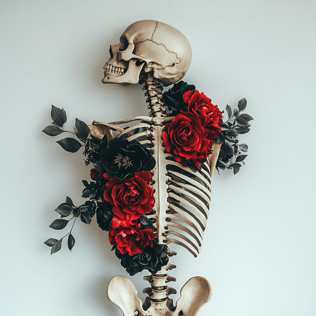 A skeleton torso with flowers on white background.