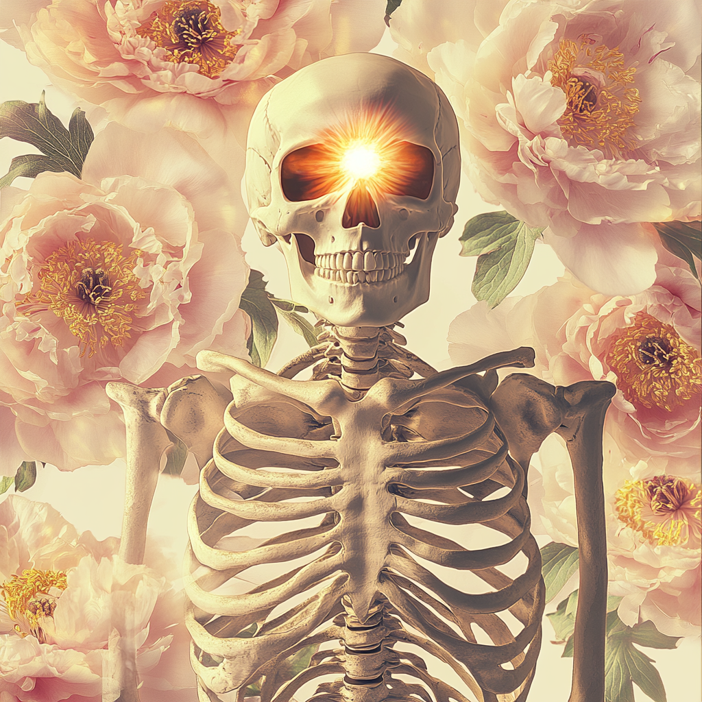 A skeleton torso with shiny eye in vintage peony.