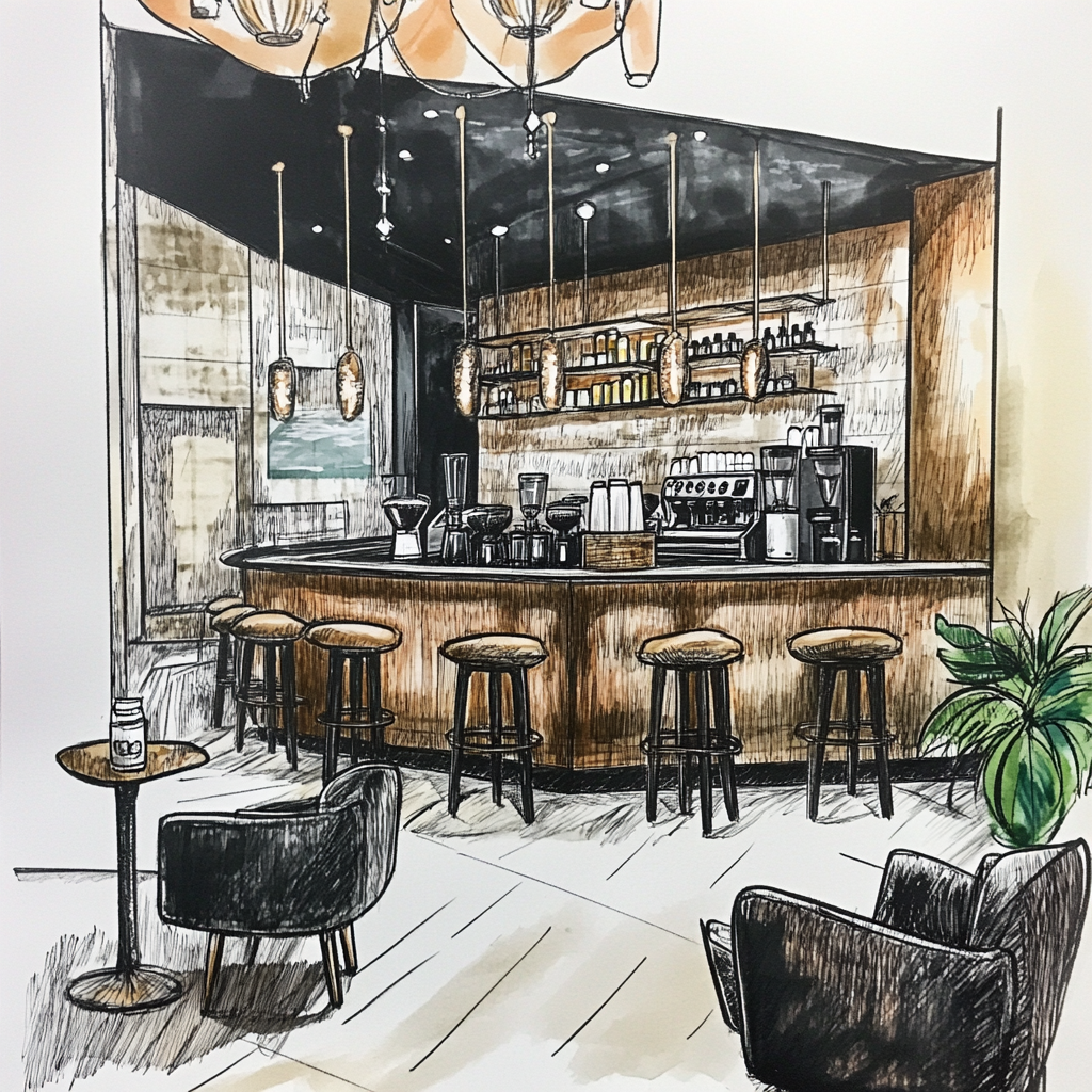 A sketch of a chic hotel coffee lounge