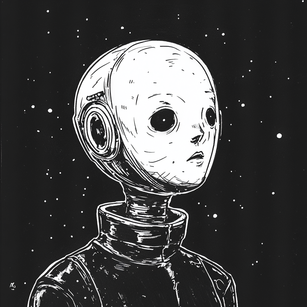 A sketch of a young android in retro sci-fi