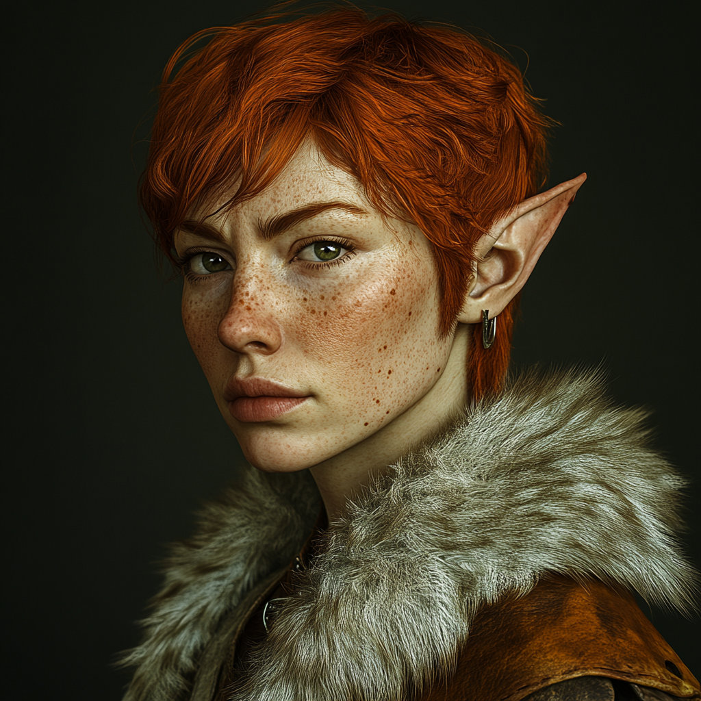 A skilled half-elf female hunter in fur and leather.