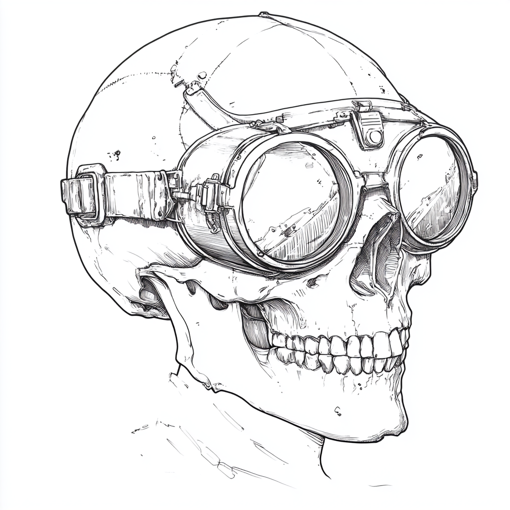 A skull with cool goggles and white background.