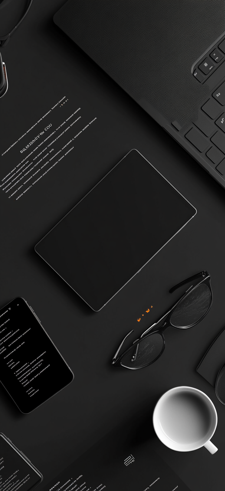 A sleek laptop, smartphone, glasses, coffee cup arrangement