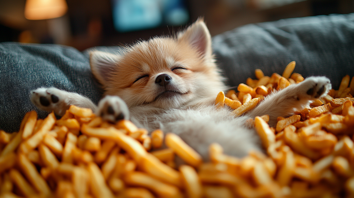 A sleepy Pomeranian surrounded by McDonald's fries.