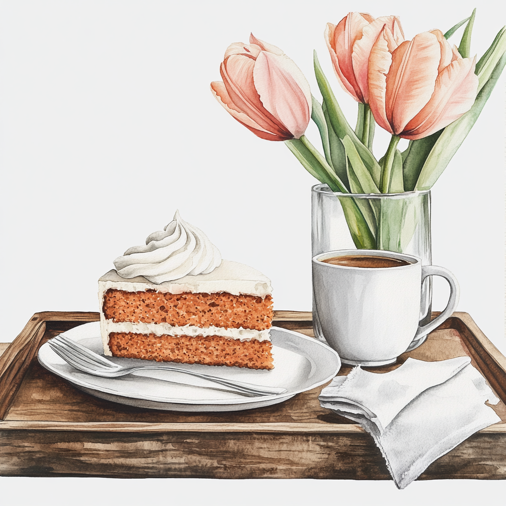 A slice of carrot cake and coffee art.