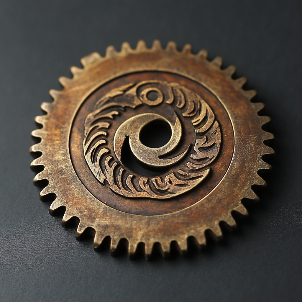 A small, detailed circular saw blade amulet