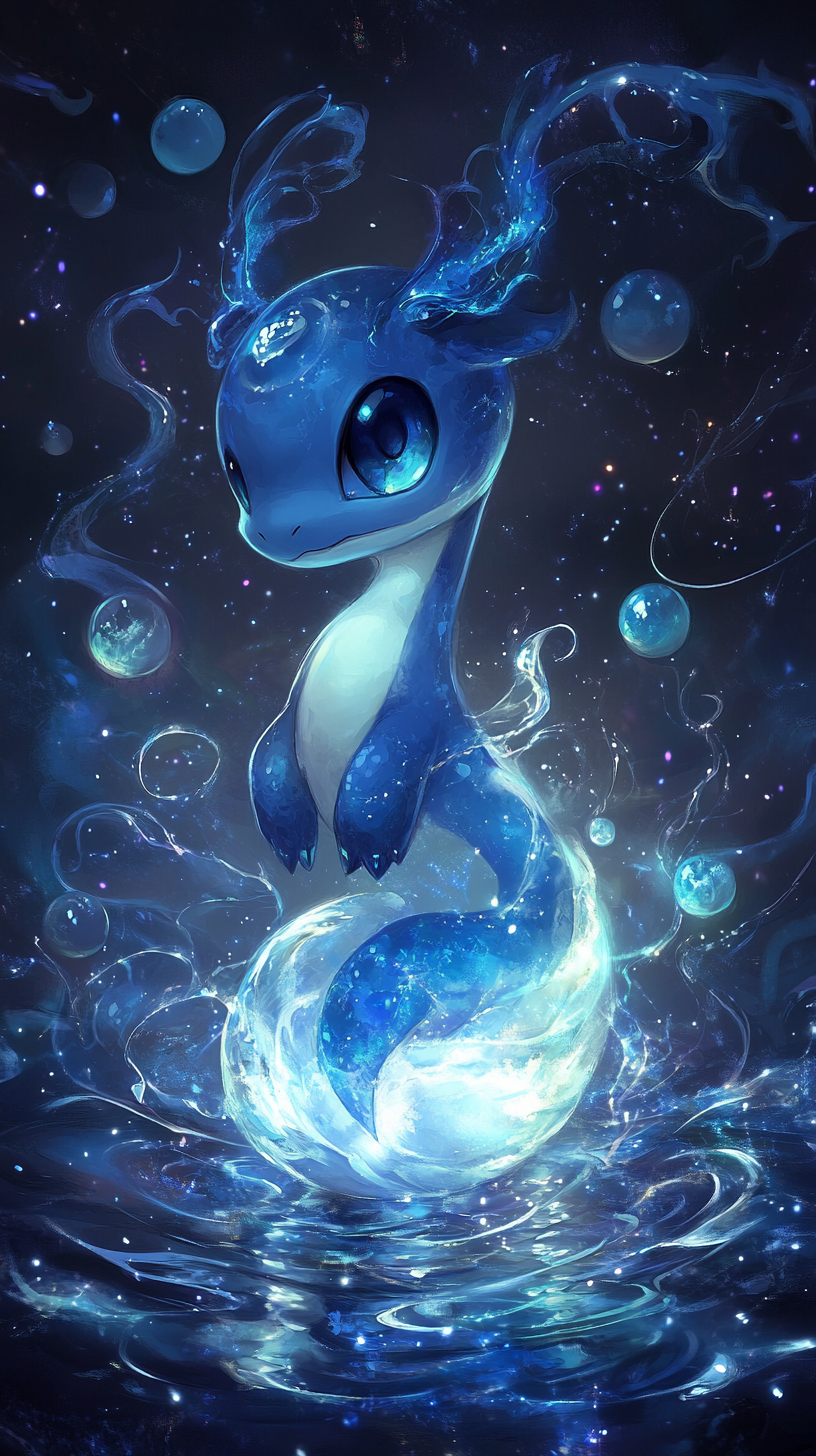 A small Dratini with blue body and enchanting eyes.