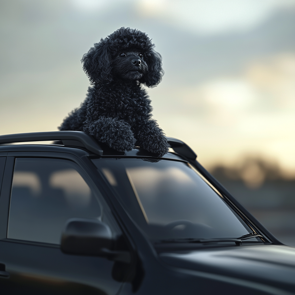 A small black poodle on a car roof