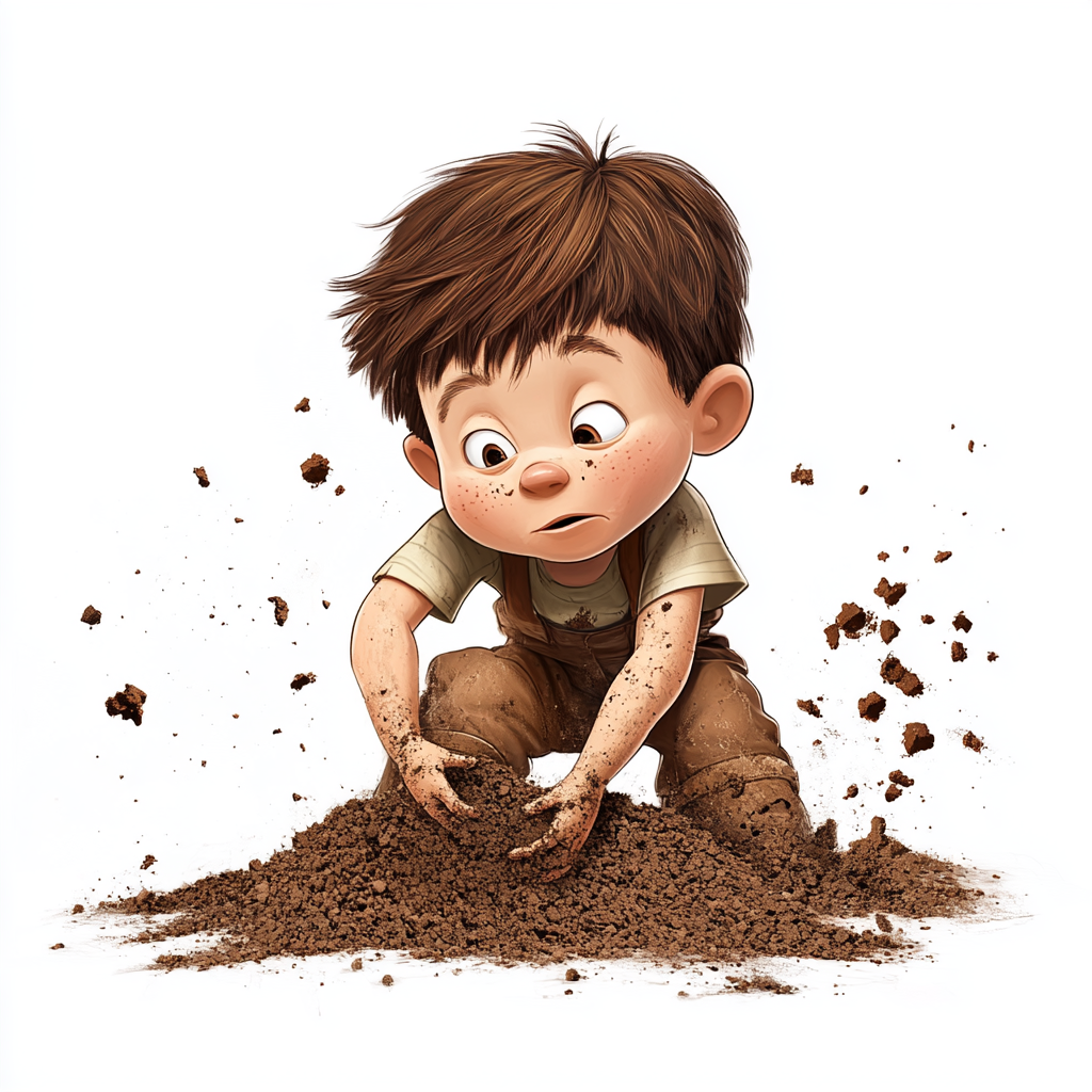 A small boy digging a hole