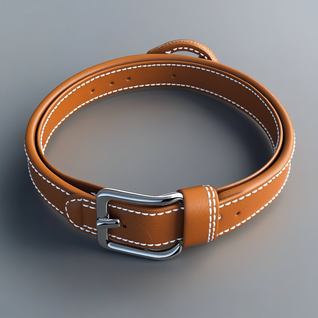 A small dog's caramel collar with white stitches