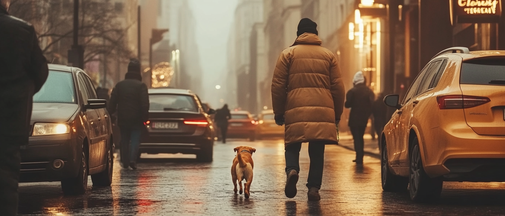 A small dog crossing a busy city street.