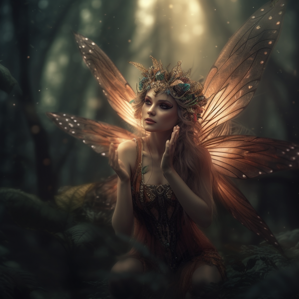 A small fairy with magical hands in a forest.