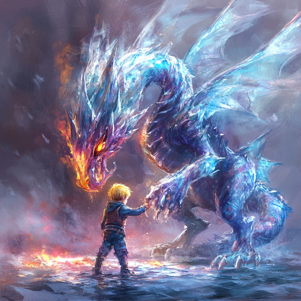 A small frostfire drake plays with boy.