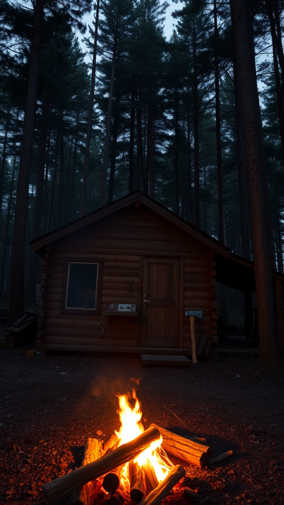 A small hut and fire in the forest.