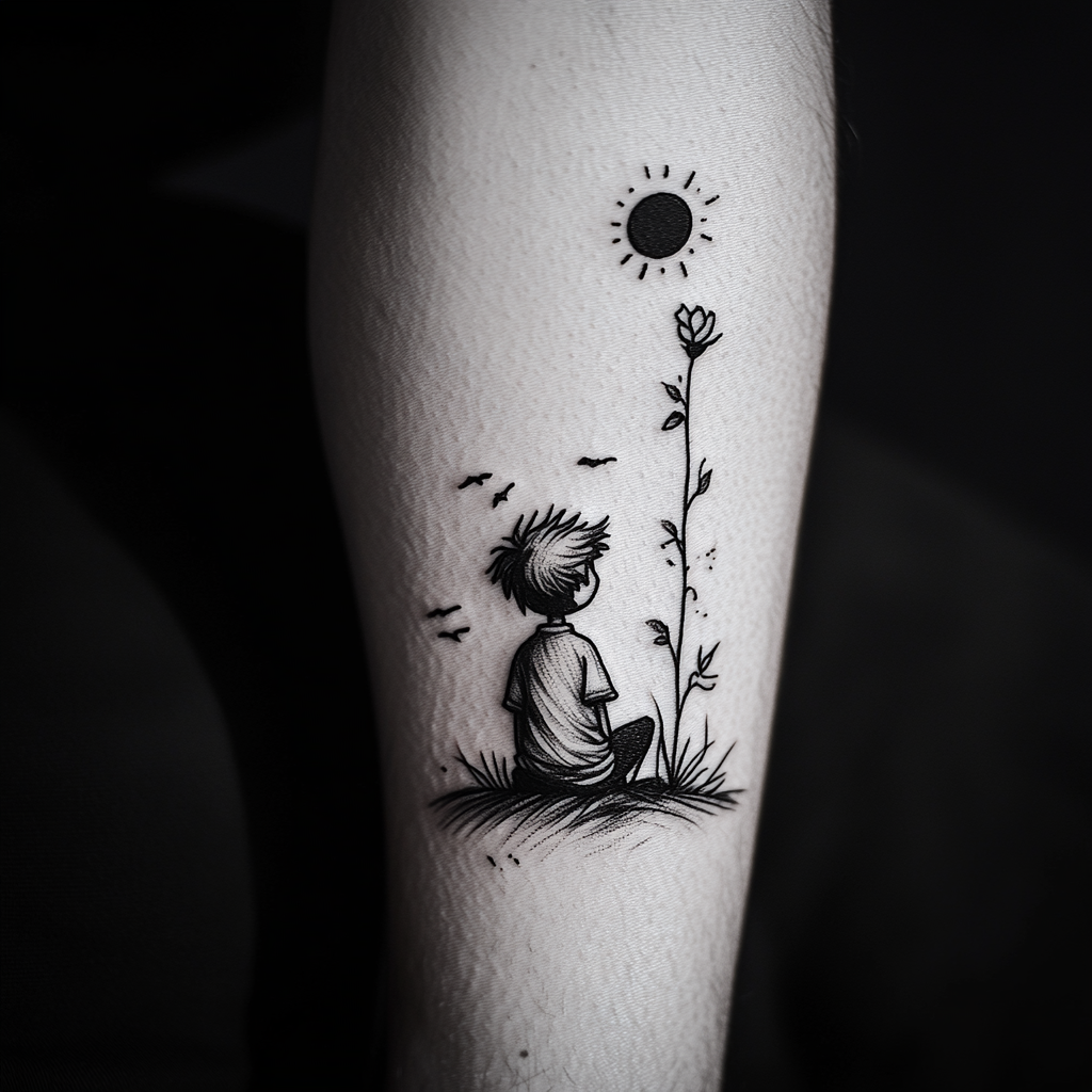 A small prince sits on a compass, looking at the horizon with his friend the fox. The sun is replaced by a rose. Black and white tattoo design.