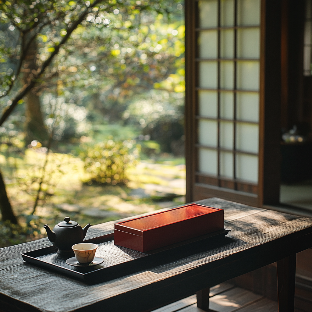 A small red box on tray near tea.