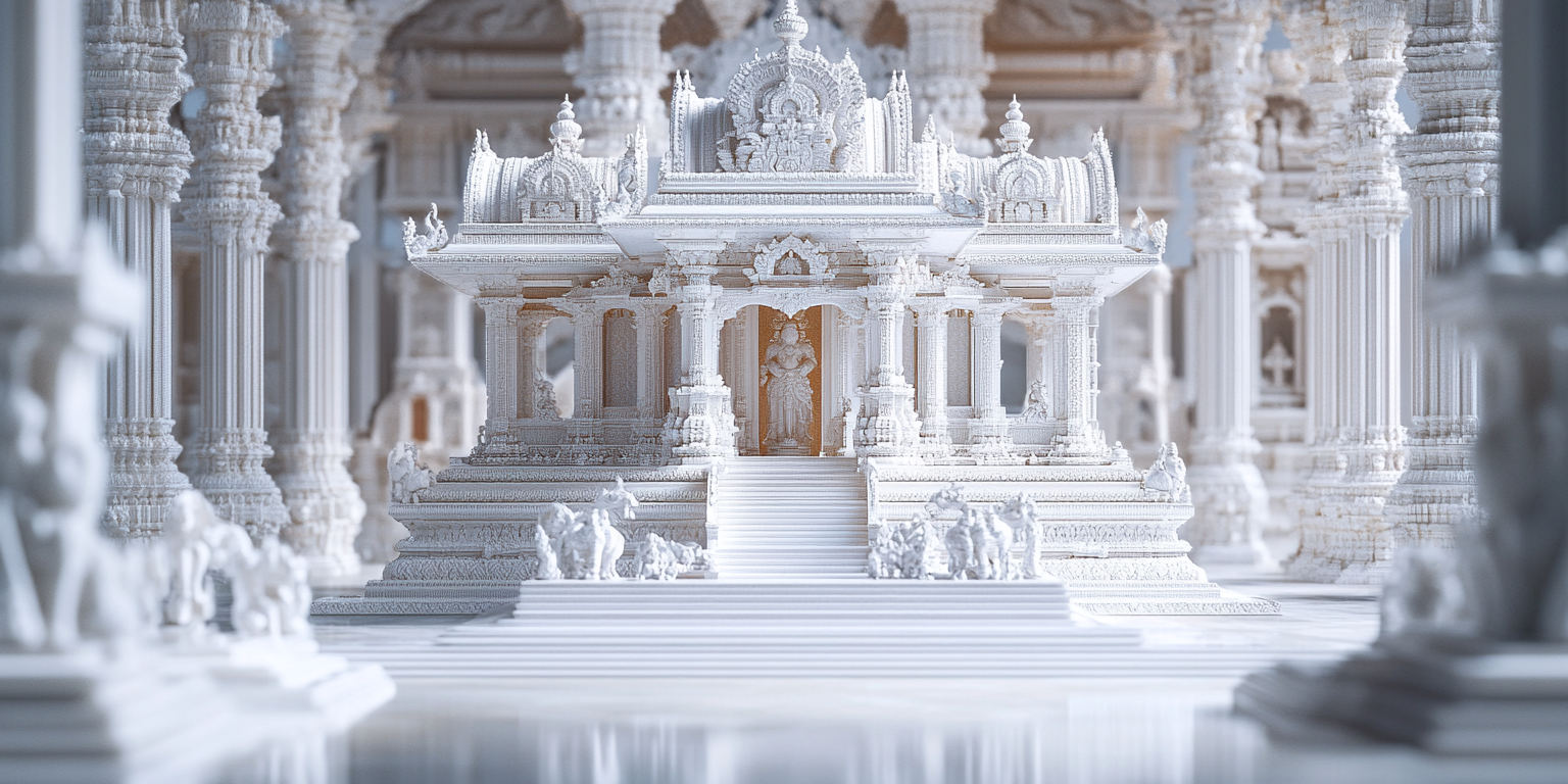 A small white jain temple inside a house.