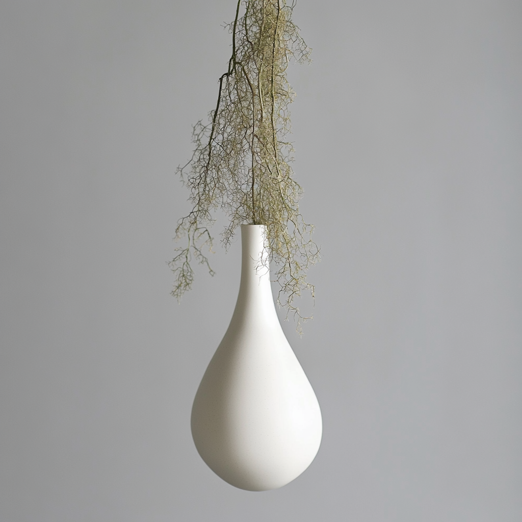 A small white vase with moss hanging beautifully.