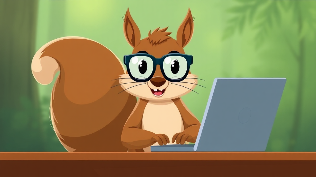 A smart squirrel typing on laptop with glasses.