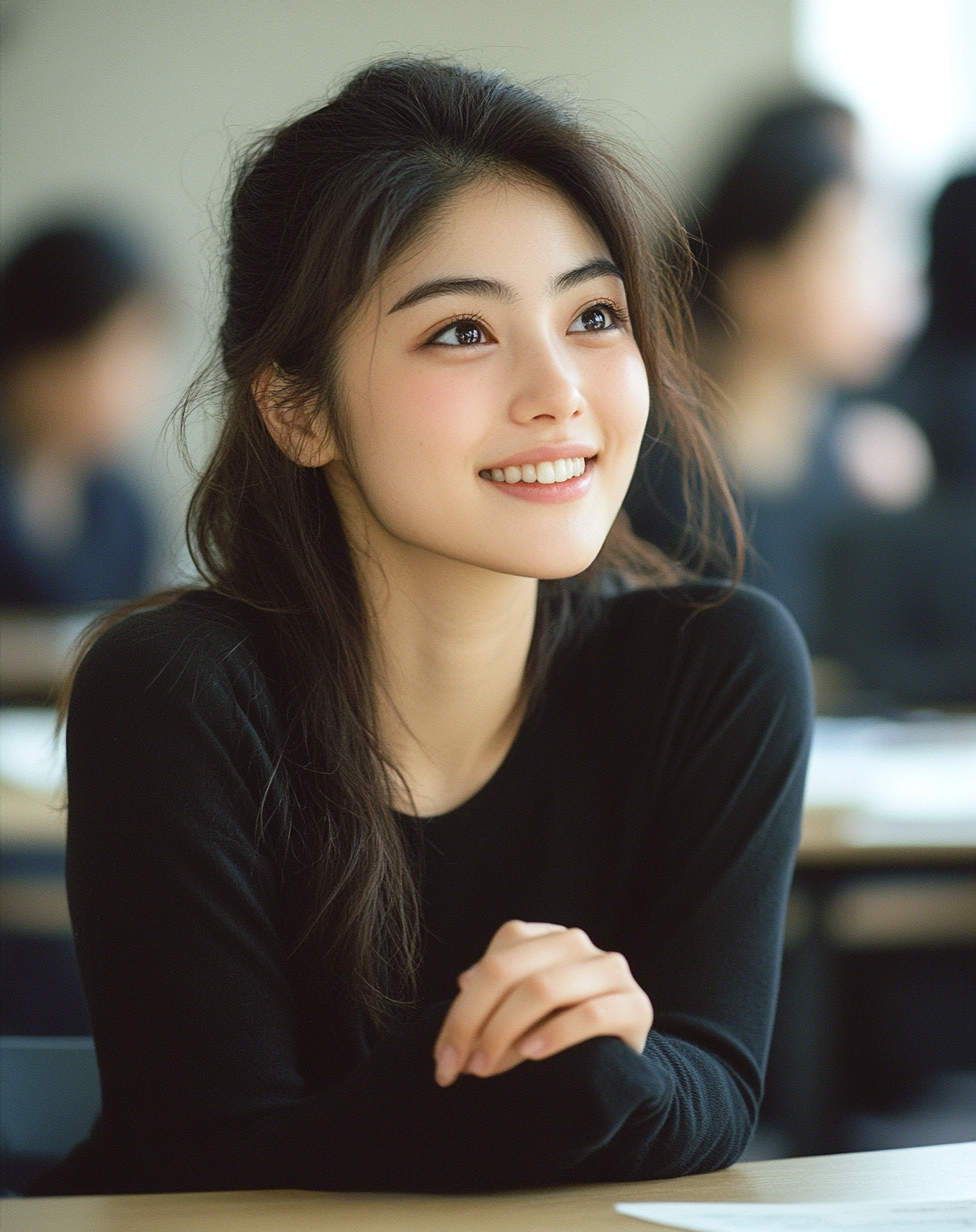 A smiling Japanese woman in English classroom