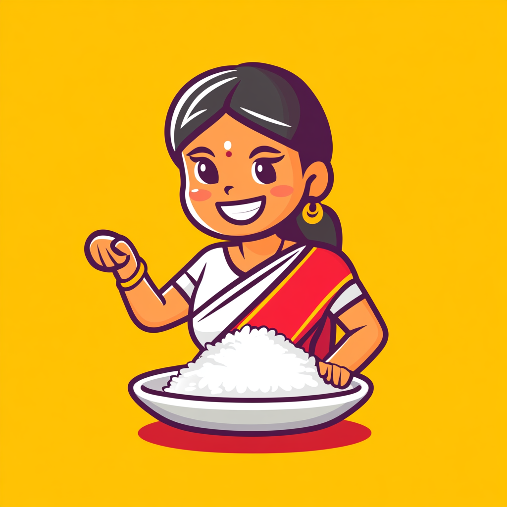 Illustration of a smiling Sri Lankan woman with rice plate