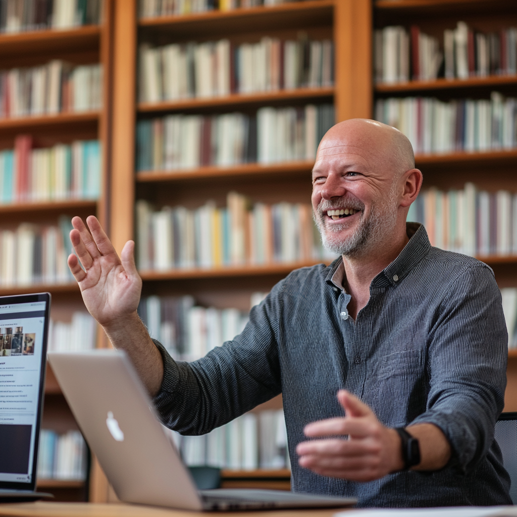 A smiling bald man in library waving paper.