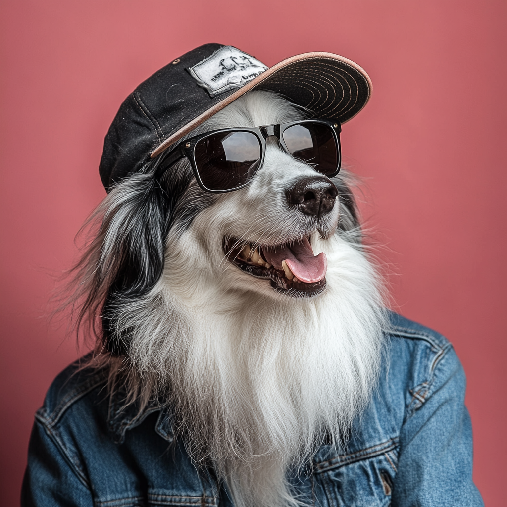 A smiling border collie wears denim jacket.