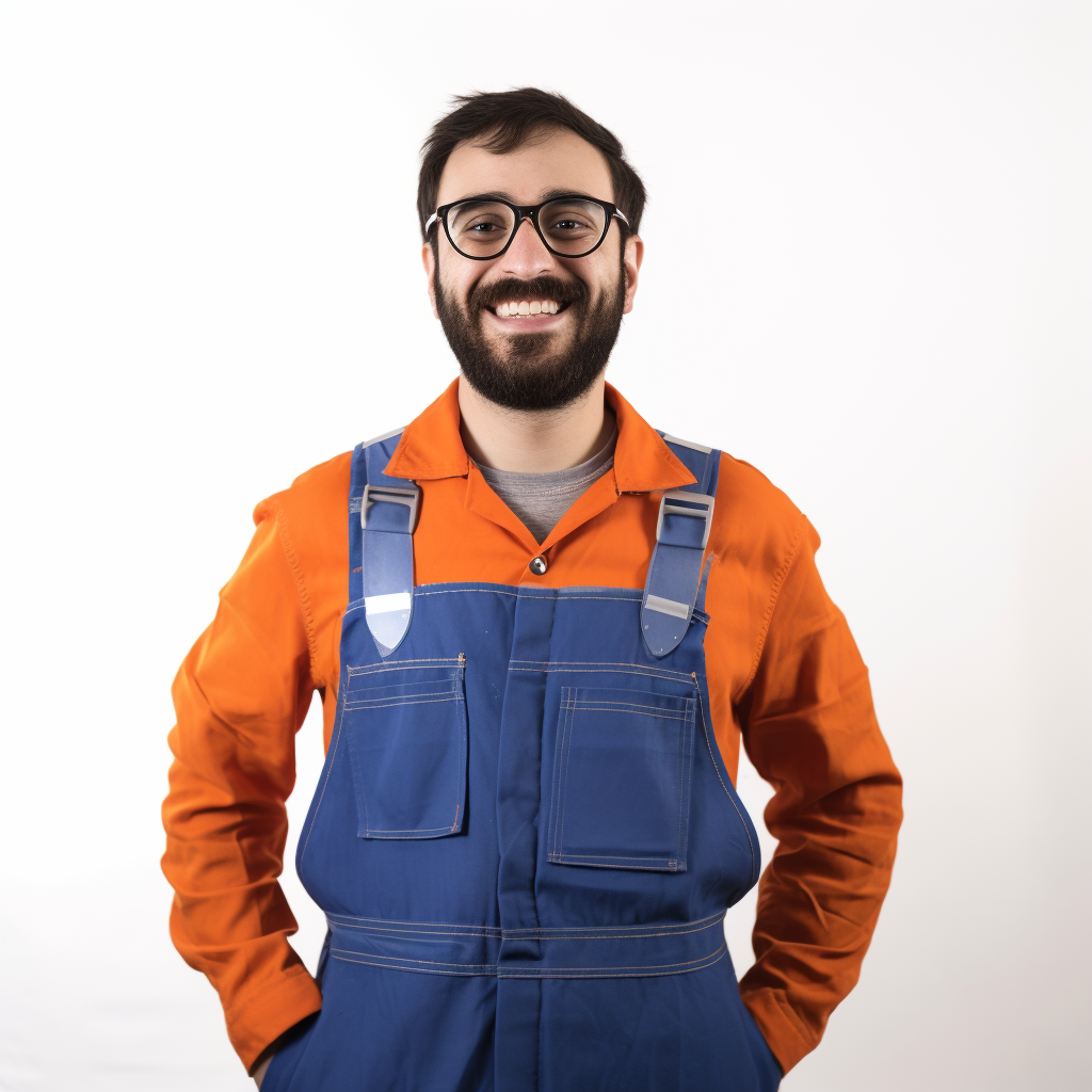 A smiling carpenter in orange and blue suit.