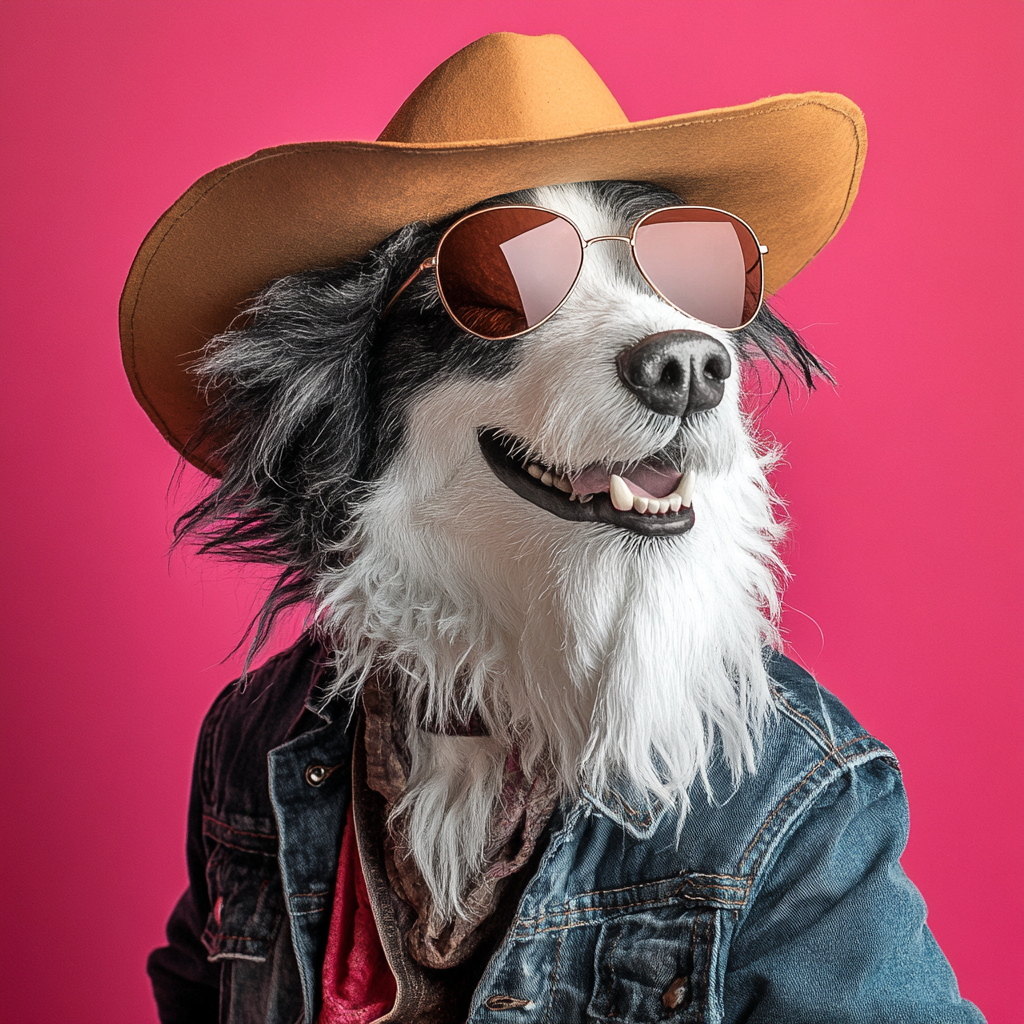 A smiling cowboy border collie in fancy outfit.