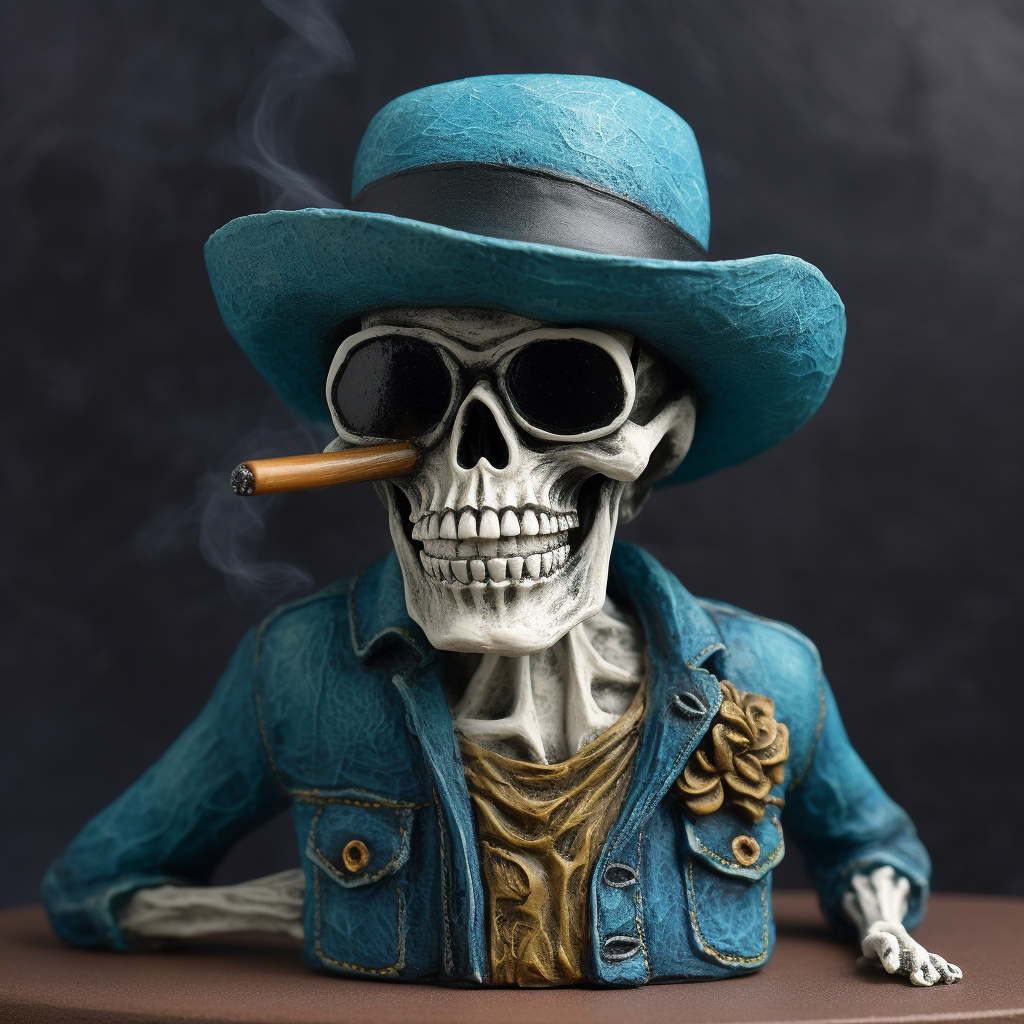 A smiling cowboy skull in denim jacket portrait.