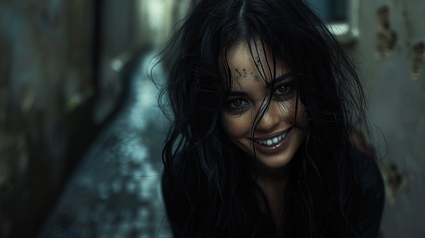 A smiling demon woman in a dark alley