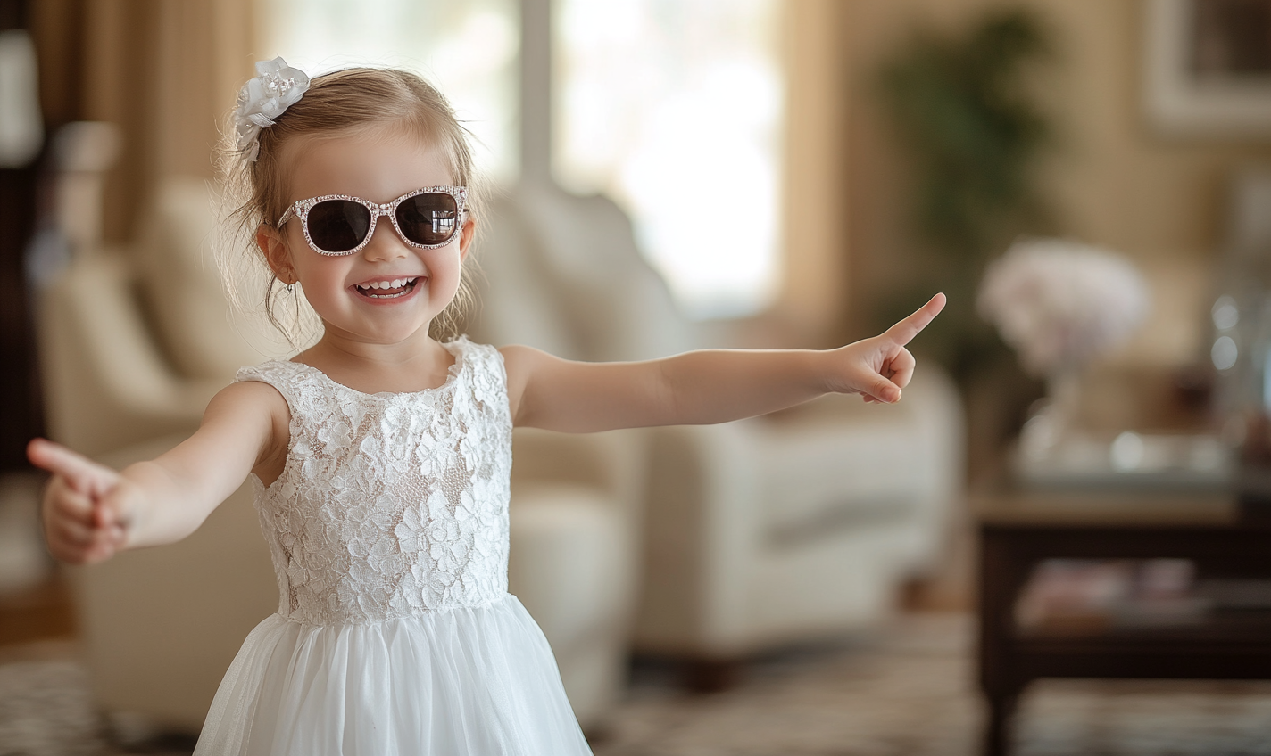 A smiling girl in white dress and sunglasses.