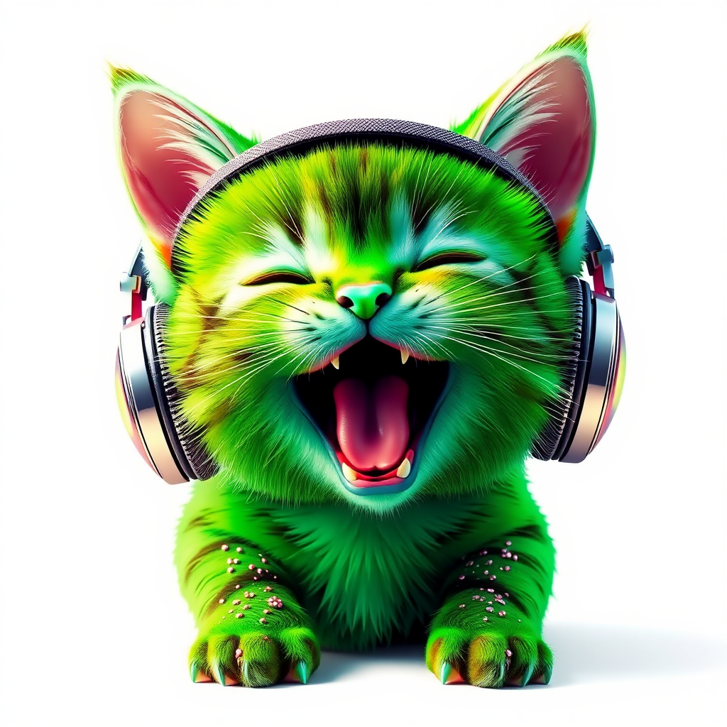 A smiling green kitten in sparkly glitter.